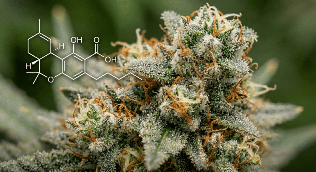 Ultra close-up of a premium THCA hemp flower bud with dense white trichomes and orange pistils, overlaid with a white THCA molecular structure diagram and bold THCA text — definitive guide to THCA meaning, benefits, and legality by Co.Exotics Wholesale