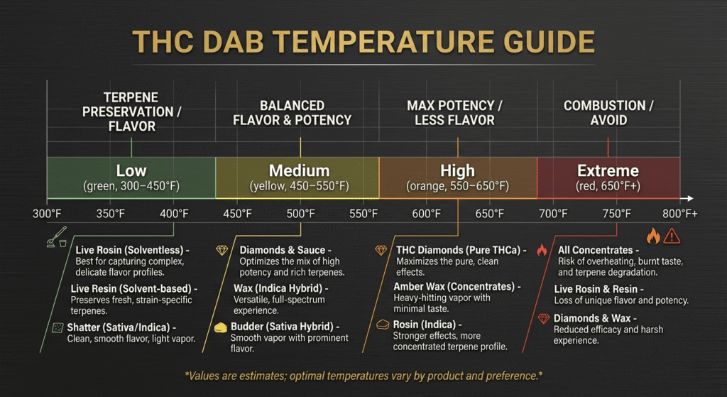 THC dab temperature diagram showing ideal heat ranges for different cannabis concentrate types — from terpene-rich low-temp dabs to high-potency high-temp dabbing — wholesale buyer education guide