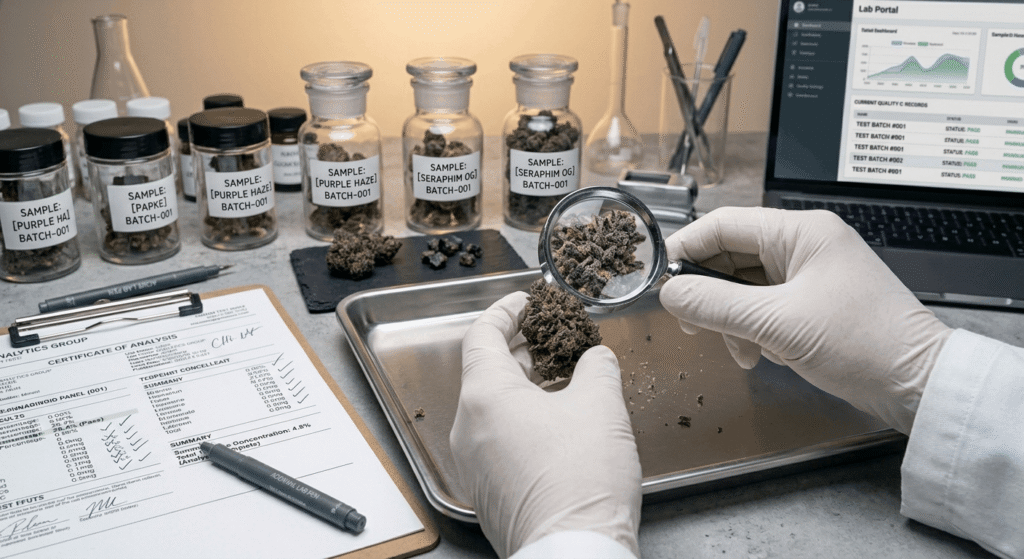 Gloved hands inspecting exotic THCa hemp flower bud under magnifying loupe beside a Certificate of Analysis clipboard in a professional quality control workspace