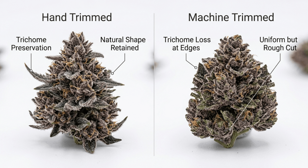 Informational comparison image of hand-trimmed versus machine-trimmed THCa hemp bud showing trichome preservation and finish quality differences