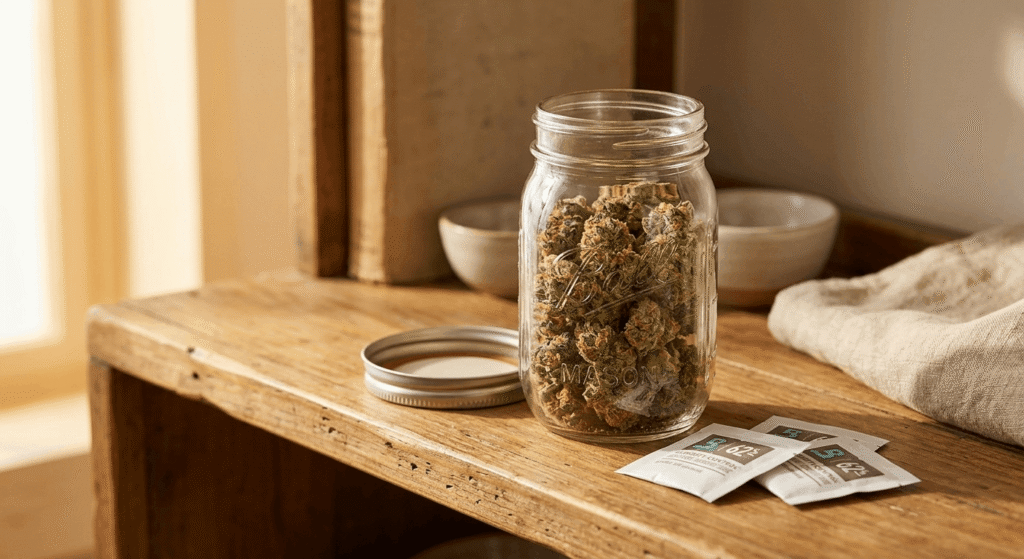 Glass jar of cannabis flower beside humidity control packs on a wooden shelf for proper storage
