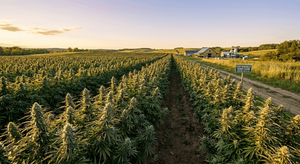 Hemp farmer inspecting lower branches of a mature hemp plant on an outdoor farm
