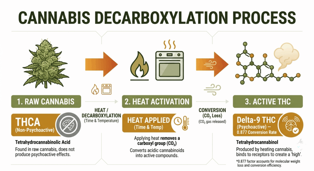 Step-by-step infographic showing how heat converts THCA into Delta-9 THC through decarboxylation at a 0.877 conversion rate