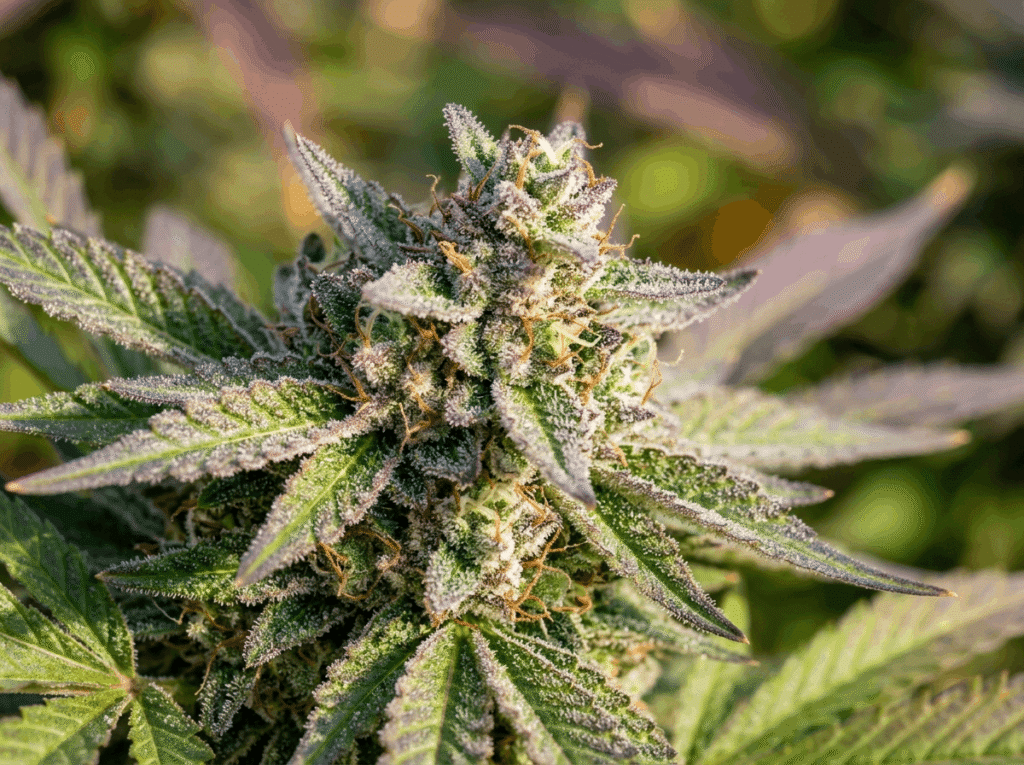 Close-up macro photograph of a live THCa hemp flower bud covered in dense milky white trichomes with orange and yellow pistils, showing deep green and purple foliage with a soft blurred green background
