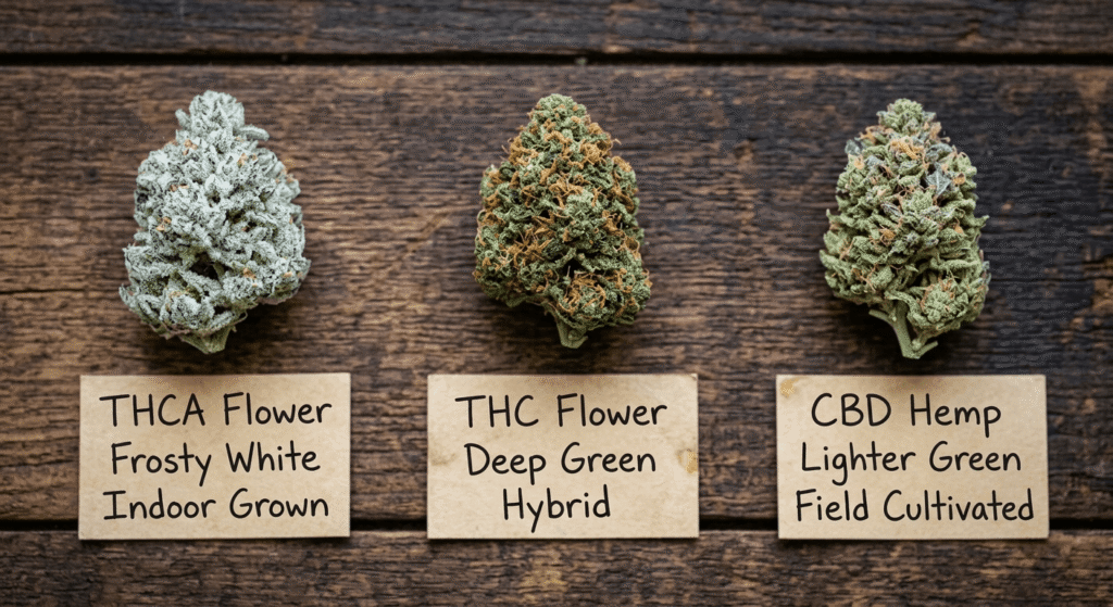 Side-by-side comparison of THCA flower, THC flower, and hemp CBD flower on dark wood surface