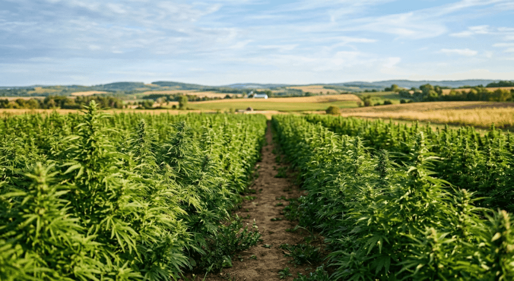 Rows of healthy outdoor hemp plants growing on a large open farm field under a clear blue sky for bulk THCA hemp flower wholesale production