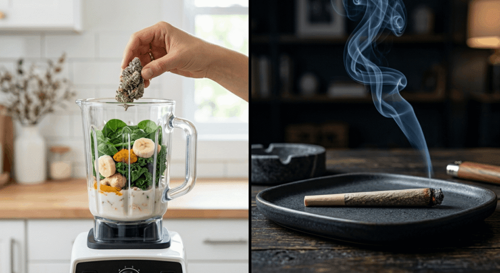 Two ways to use THCA flower – raw in a smoothie for wellness effects and as a pre-roll for psychoactive use