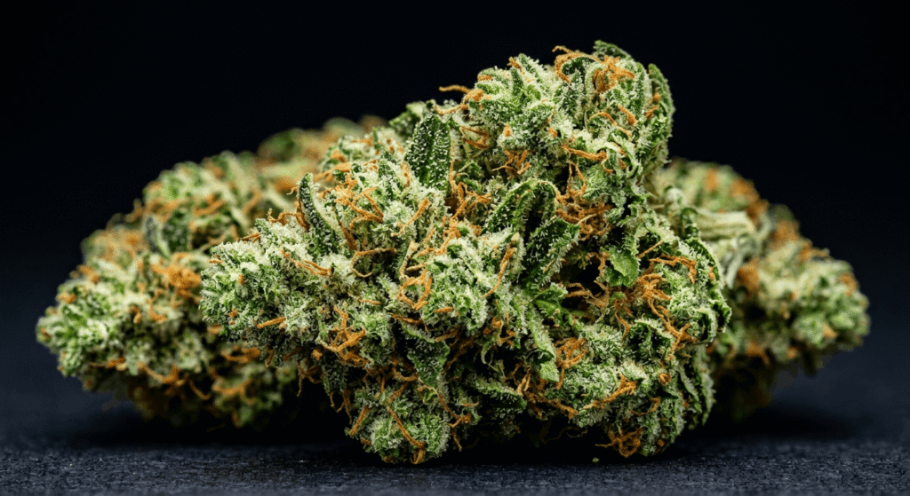 Large fresh green THCA hemp flower buds with white trichomes and orange pistils displayed against a dark background