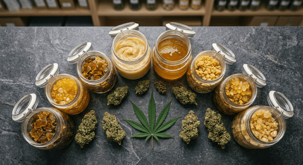 Multiple large glass jars of bulk cannabis concentrates including badder, live resin, and crumble arranged with cannabis buds and a leaf on a dark stone surface for wholesale supply