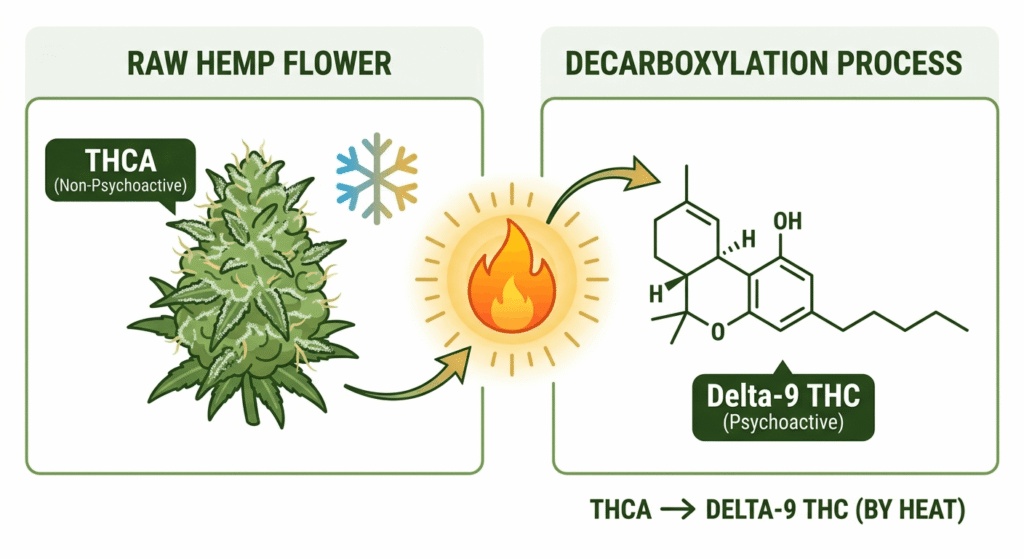 Infographic showing the conversion of THCA in raw hemp flower into Delta-9 THC through heat and decarboxylation