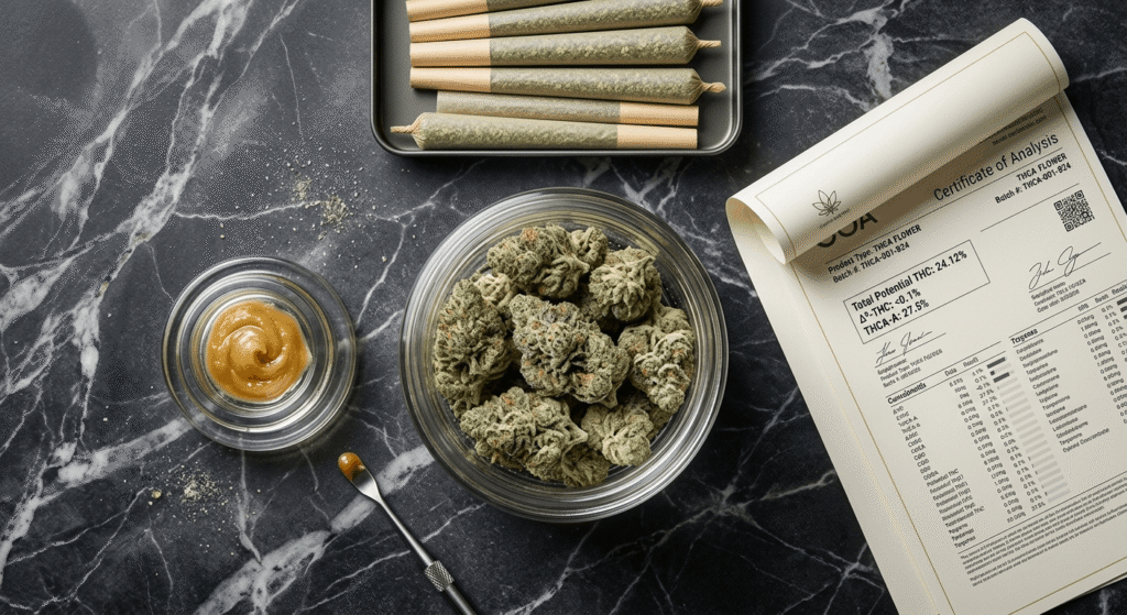 Flat-lay overhead arrangement of THCA product types including raw flower, concentrate wax, pre-rolls, and a COA lab document on dark marble surface for wholesale buyers
