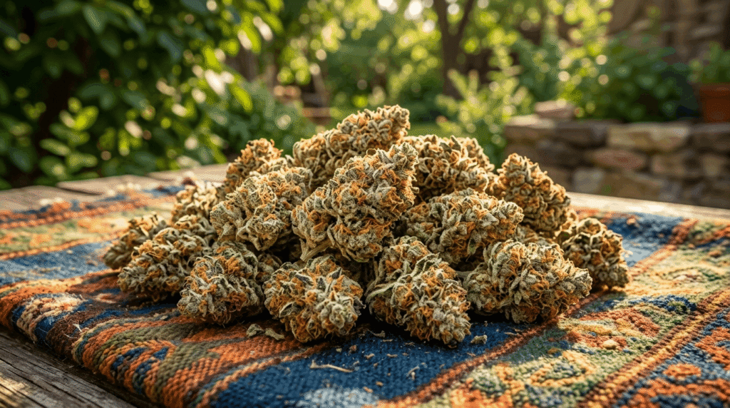 Large pile of dense THCa cannabis buds with trichome frost and orange pistils outdoors for THCa smalls vs premium tops bulk buyer's guide