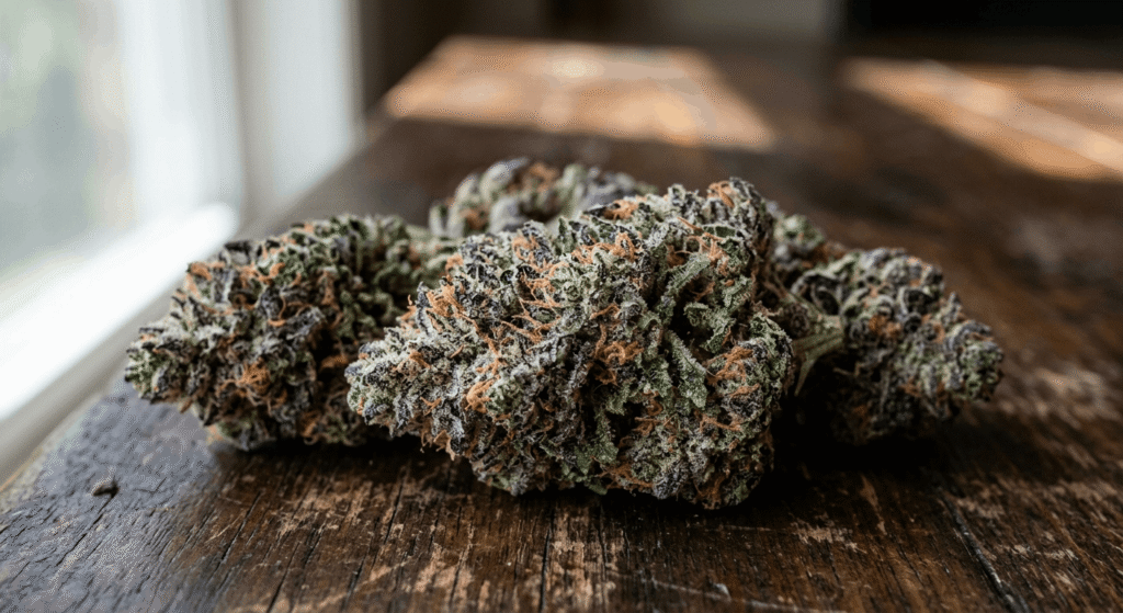 Dense THCA flower buds with visible trichomes resting on a dark wooden surface under natural light