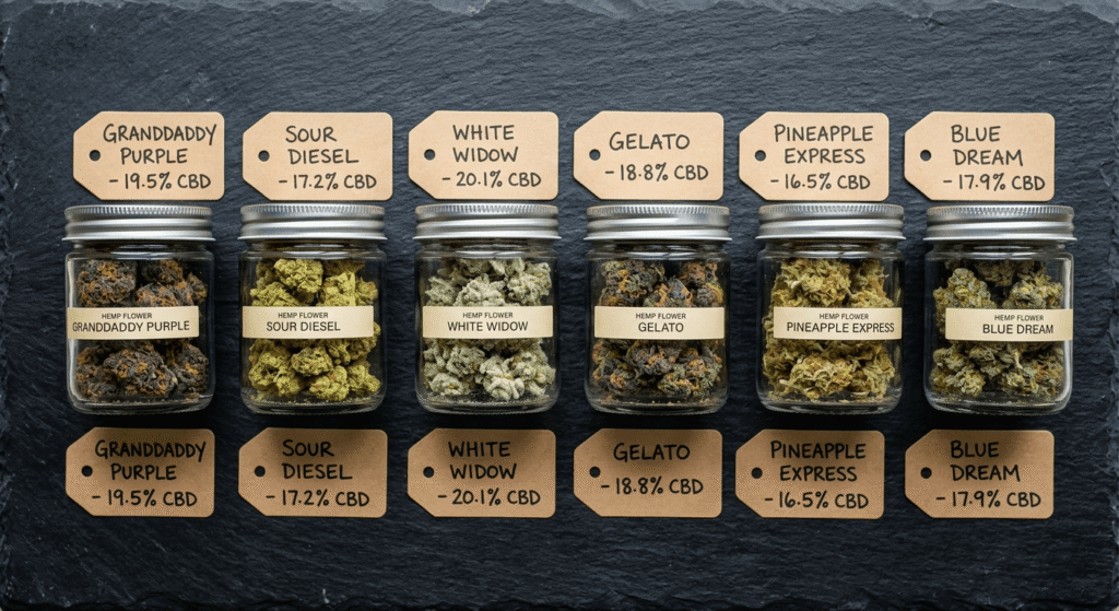 Multiple glass jars of different hemp flower strains with handwritten labels on a dark slate surface