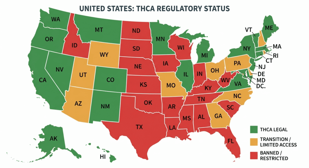 Color-coded USA map showing THCA flower legal states in green, restricted states in red, and transitional states in amber