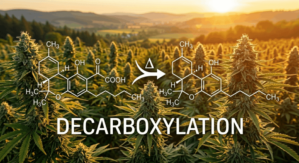 THCA to THC decarboxylation chemical reaction diagram overlaid on a green cannabis plant background showing heat-activated molecular conversion