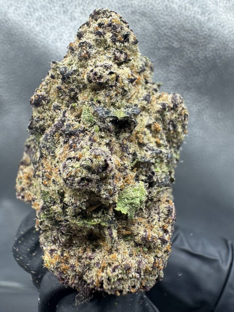 Close‑up of Red Mandarine THCA flower bud showing trichomes and purple‑green hues.