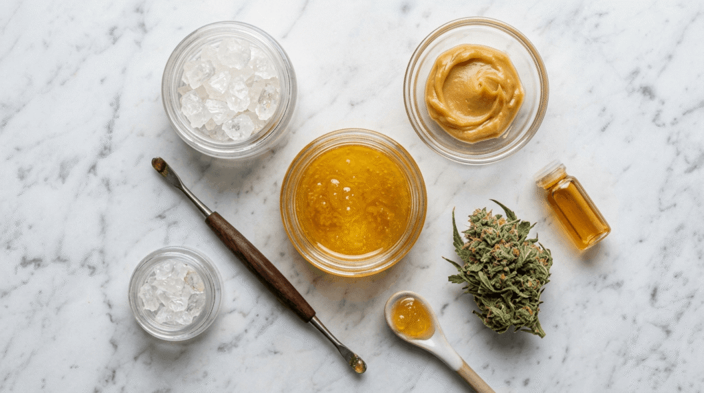 Assorted bulk THCA concentrates including diamonds, badder, and live resin arranged on a clean white surface