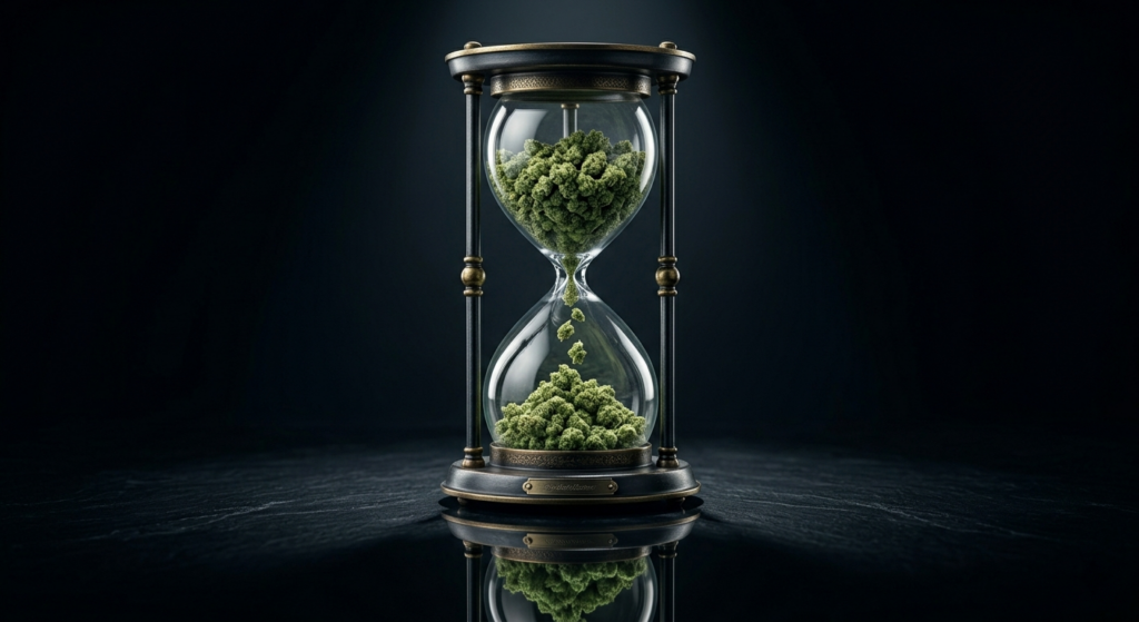 Hourglass with hemp buds flowing through it representing the shrinking buying window before the H.R. 5371 federal hemp deadline