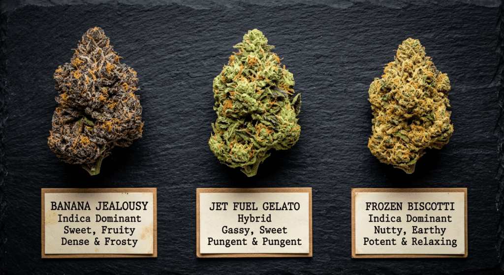 Three exotic THCa flower strains — purple, green, and golden — displayed flat lay on dark surface for wholesale buyers
