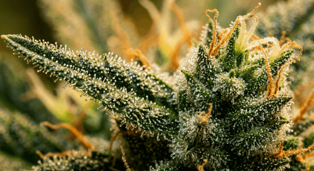 Close-up of THCA hemp flower trichomes showing terpene-rich cannabis plant structure