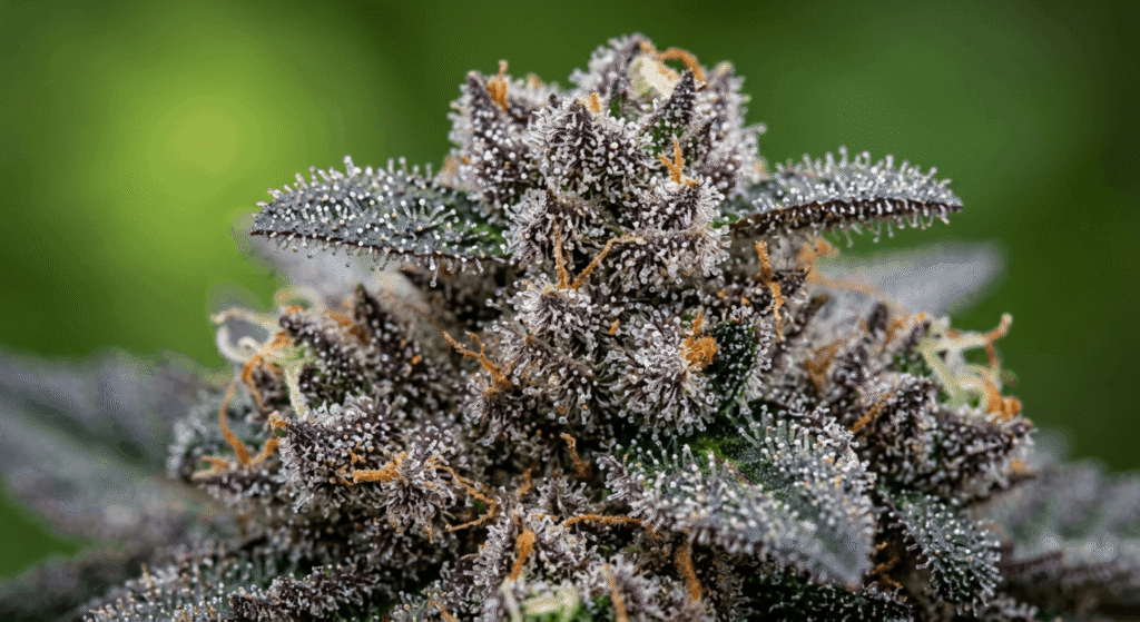 Macro close-up of premium THCA hemp flower bud densely coated in milky white and amber trichomes indicating high cannabinoid potency