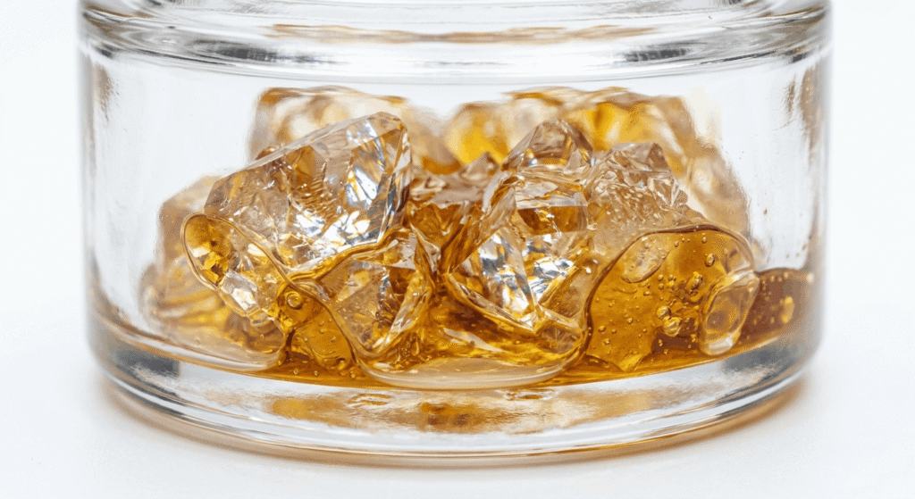  Macro close-up of THCA diamond crystals in terpene sauce inside a glass jar — high-potency cannabis concentrate at 90 to 99 percent THCA