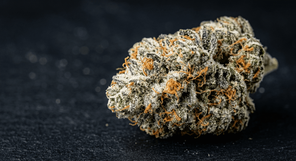 Premium THCA flower bud with dense trichomes and orange pistils – THCA flower effects guide 2026