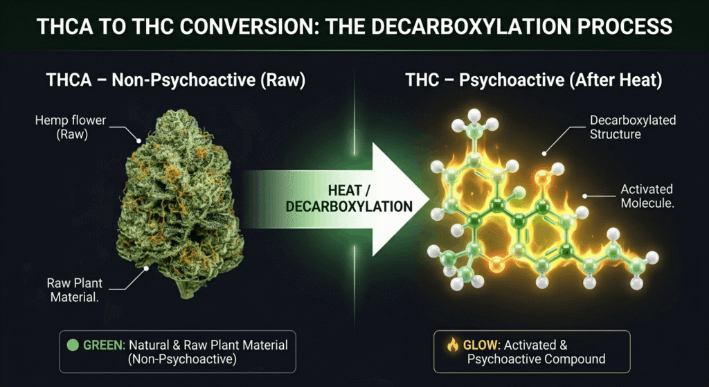Side-by-side comparison of THCA flower raw vs THC after decarboxylation – THCA to THC conversion chart