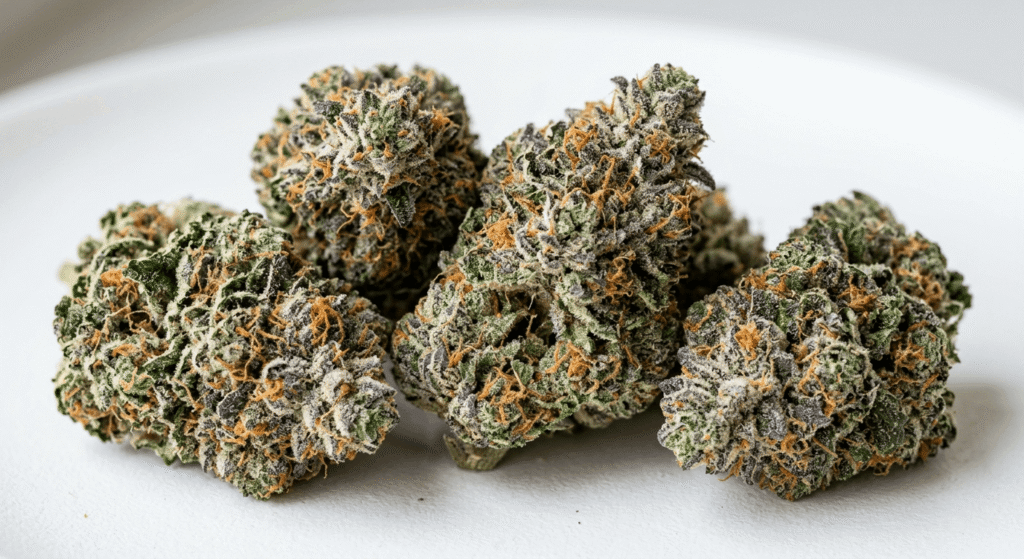 Close-up of dense, trichome-coated bulk THCa flower buds with orange pistils on white background