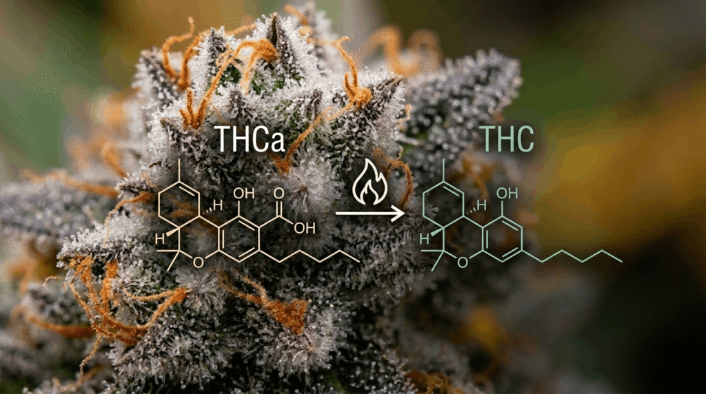 THCa to THC decarboxylation comparison over a macro shot of frosty THCA hemp flower with trichomes and orange pistils
