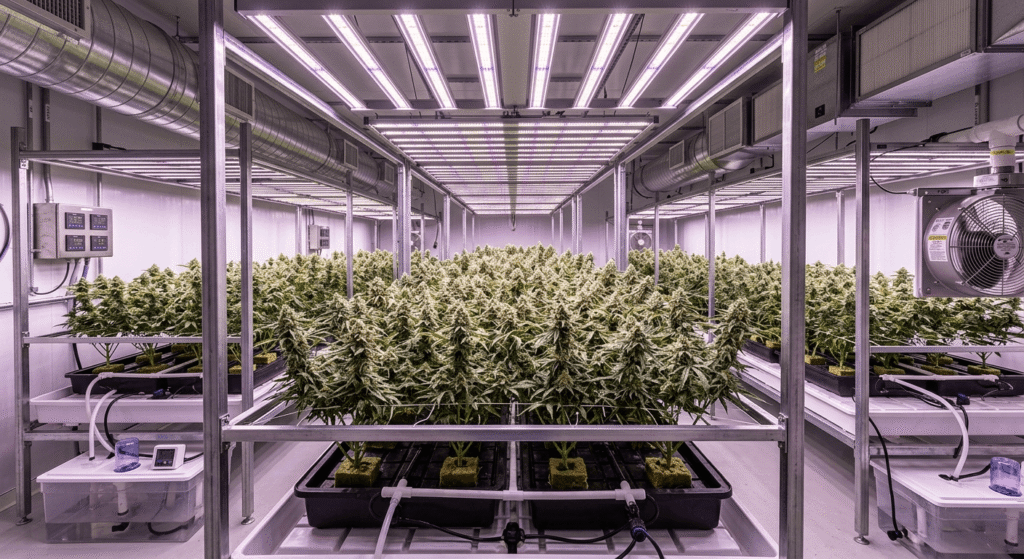 Indoor THCA hemp flower grow room with LED lighting and hydroponic systems producing dense, trichome-rich cannabis buds in a controlled environment
