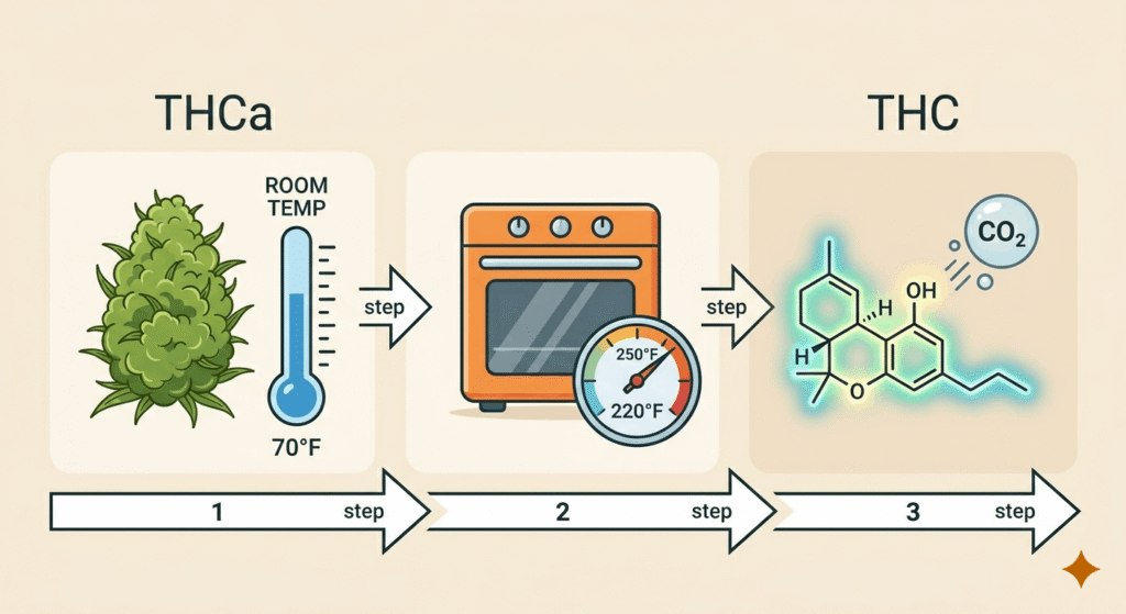 Decarboxylation process diagram showing how THCa converts to THC when heated between 220-250°F