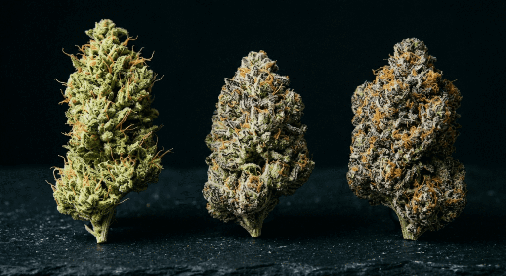 Three THCA cannabis buds side by side showing indica, sativa, and hybrid flower differences with frosty trichomes and orange pistils on dark background.