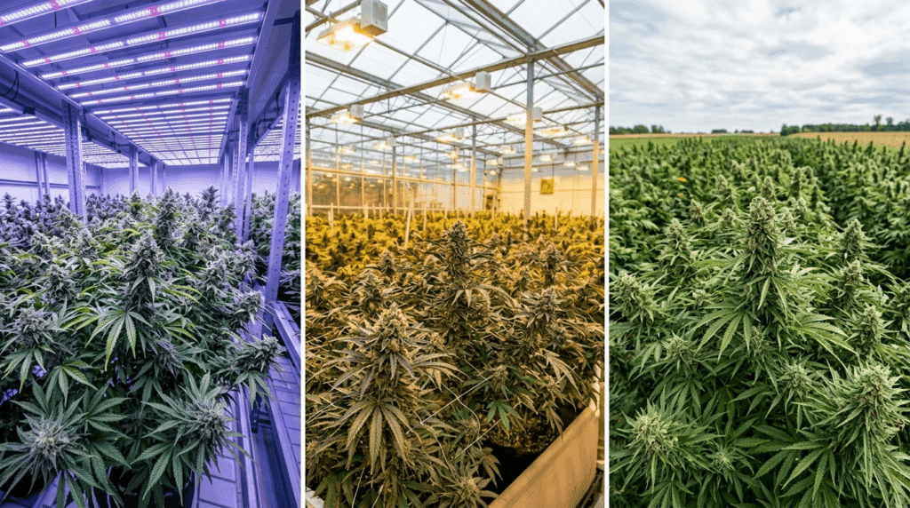Side-by-side comparison of indoor grow room, greenhouse, and outdoor hemp cultivation for THCa flower production
