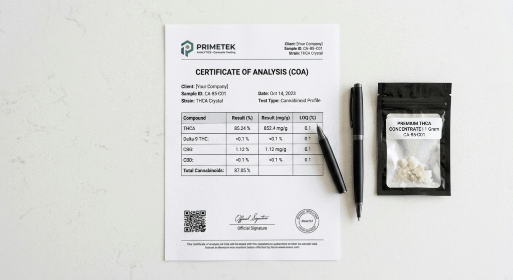 Certificate of Analysis lab report next to a sealed wholesale THCA concentrate package — verifying potency and Farm Bill compliance for bulk buyers