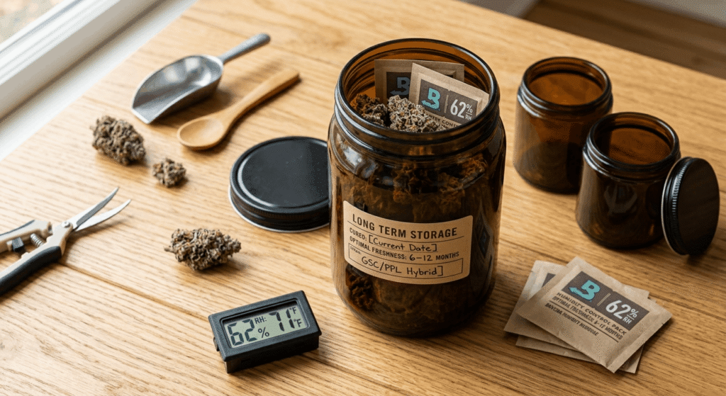 Airtight amber glass jars with bulk THCa flower buds, humidity packs, and hygrometer for proper cannabis storage