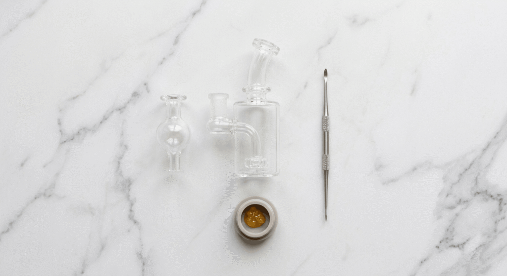  Dab rig, dabber tool, carb cap, and cannabis concentrate laid out for use — equipment needed for safely consuming THCA concentrates