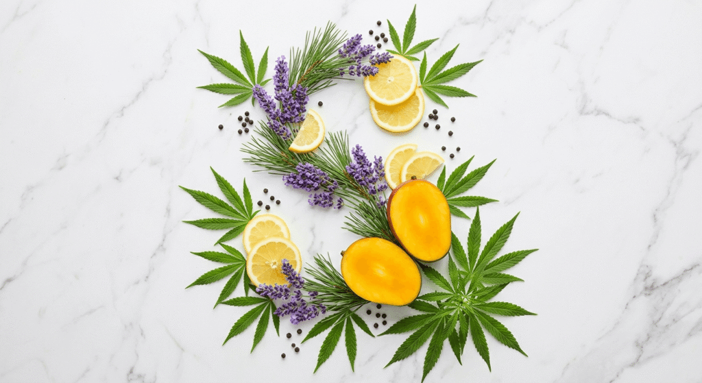 Natural terpene sources including lavender, lemon, pine, mango, and cannabis arranged as a botanical flat lay