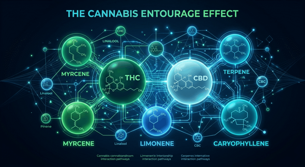 Diagram illustrating the cannabis entourage effect showing how terpenes and cannabinoids interact synergistically
