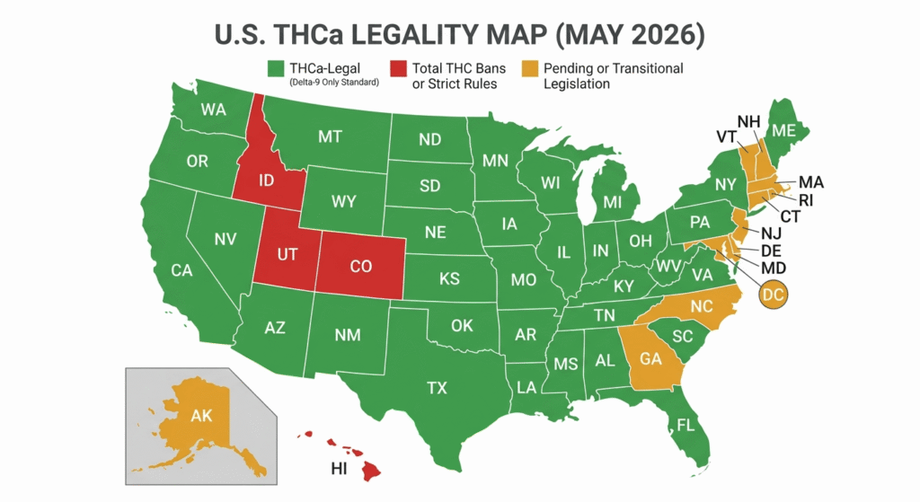 Color-coded US map showing THCa legal states, total THC restriction states, and states with pending 2026 legislation