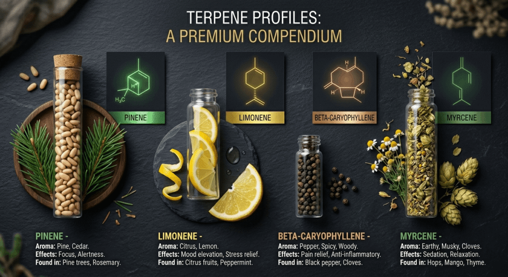 Four major cannabis terpenes illustrated — myrcene, limonene, pinene and beta-caryophyllene — shown with botanical elements and molecular structures