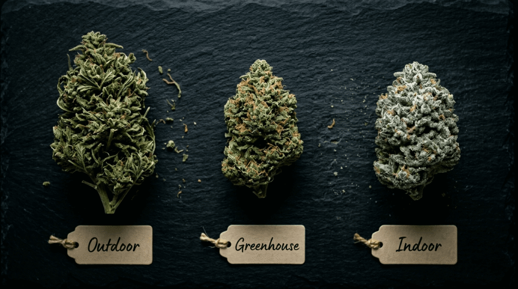Outdoor, greenhouse, and indoor THCA hemp flower buds side by side on dark background showing trichome and quality differences for wholesale buyers