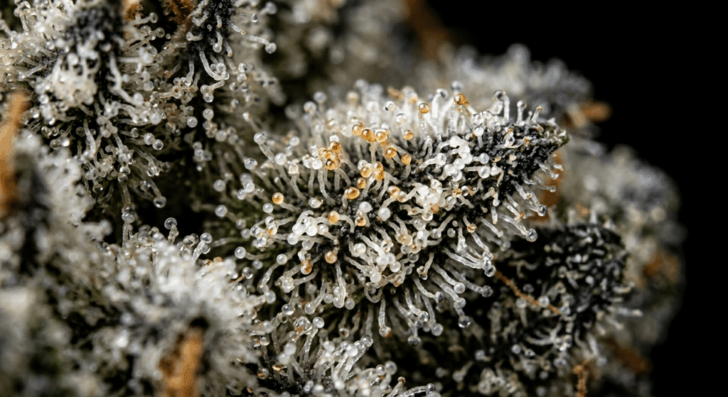 Extreme close-up of THCA hemp flower trichomes showing dense crystal resin glands that indicate high cannabinoid potency