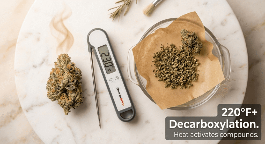 THCA flower decarboxylation process at 230°F showing how THCA converts to THC through heat activation