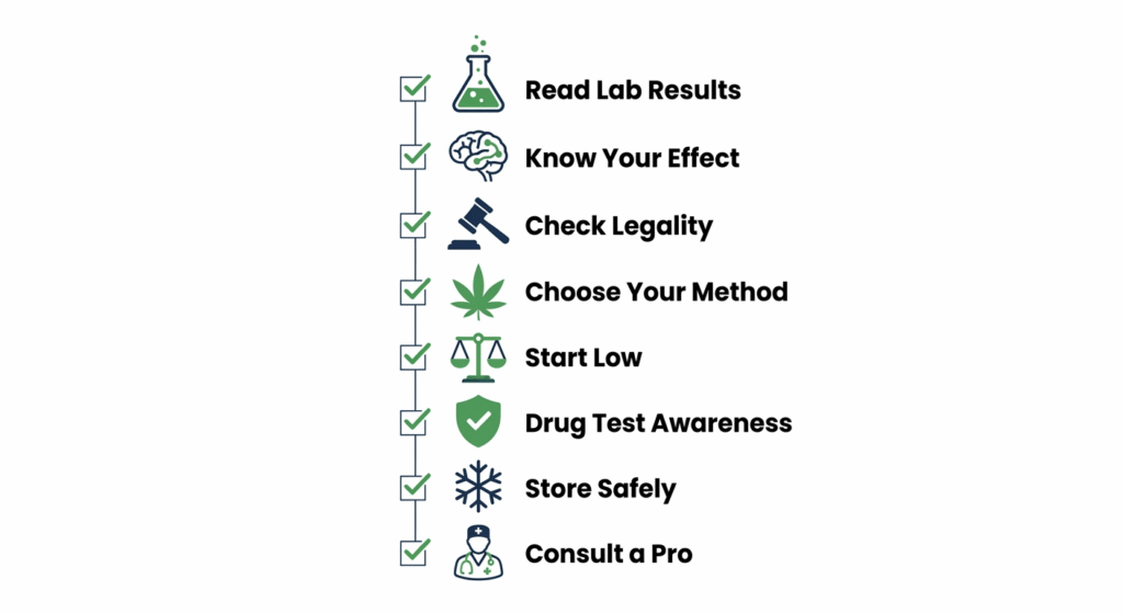 Eight-step safety guide for using THCa and THC products responsibly including lab results and dosing tips