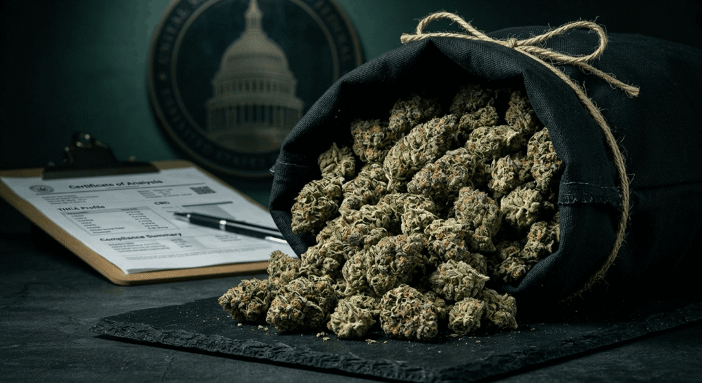 Bulk wholesale THCA hemp flower in compliance packaging with Certificate of Analysis — Farm Bill compliant THCa for licensed retailers