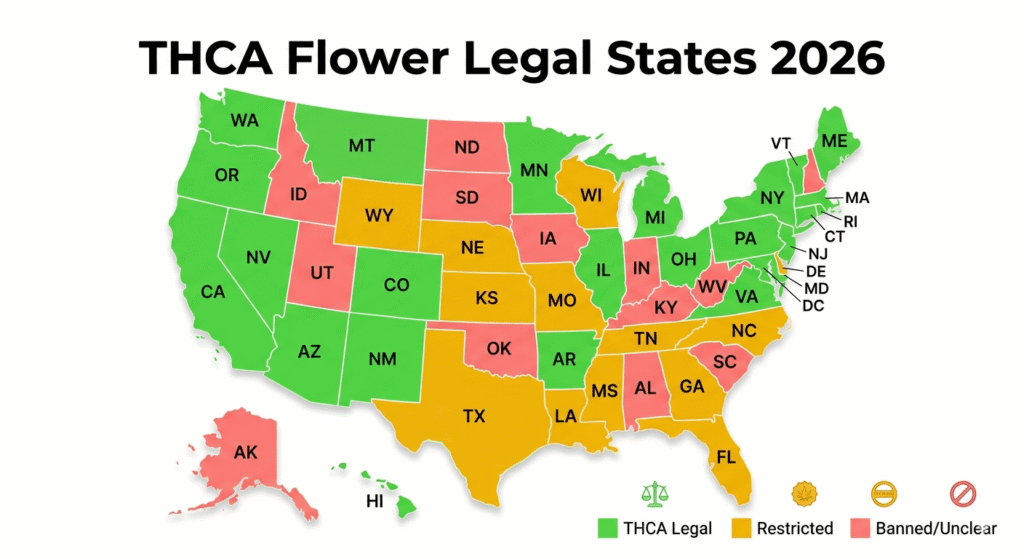 US map showing THCA flower legal states in 2026 — green for legal, yellow for restricted, red for banned states