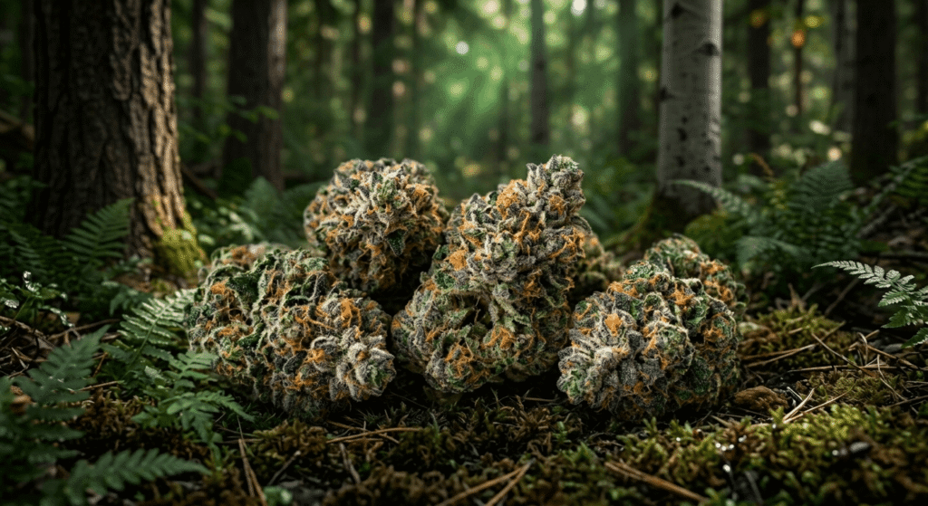 Bulk THCa flower buds with frosty trichomes against a blurred lush green forest background — premium indoor wholesale hemp flower