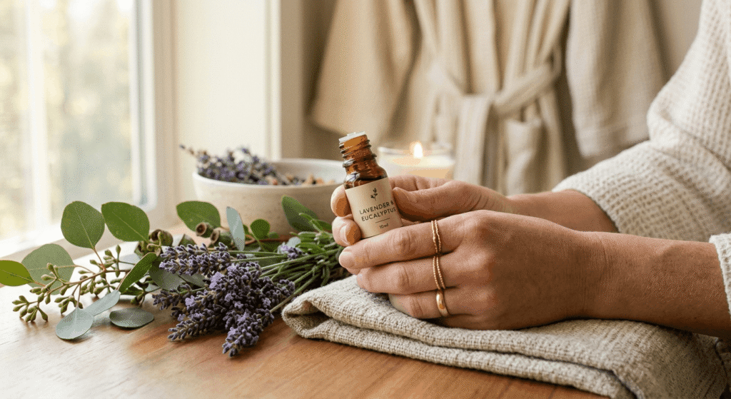 Person holding essential oil bottle surrounded by lavender and herbs representing terpene wellness benefits